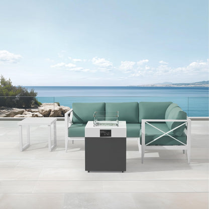 MBY Outdoor Aluminum Patio Furniture Set, 5-Seats Patio Conversation Sofa Set with 37,000 BTU Fire Pit Table w/Glass Wind Guard, All Weather for Pool, Balcony, Garden-Brown