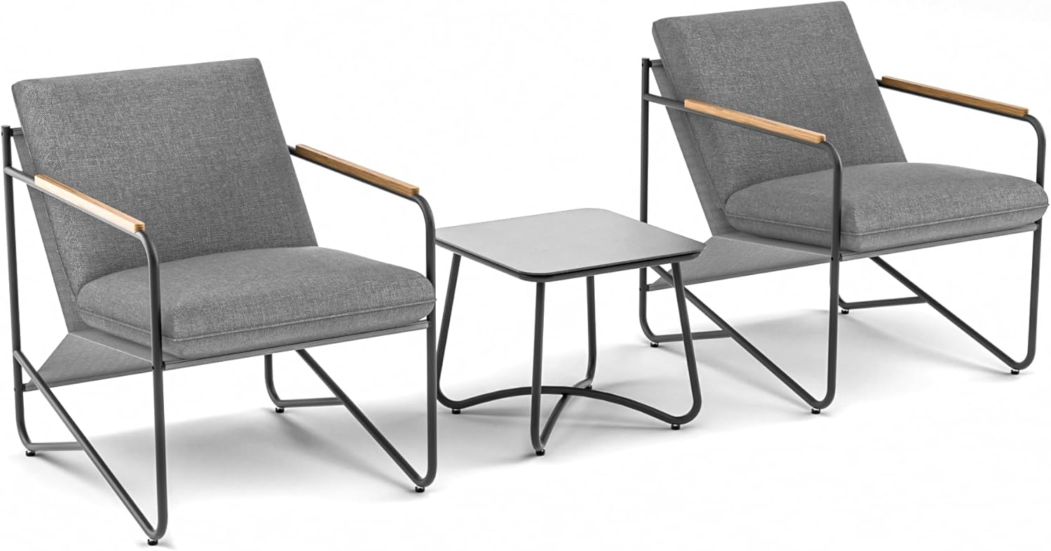MBY 3-Piece Patio Furniture Set, Compact Outdoor Conversation Set with 2 Chairs and Glass Table, Weather-Resistant for Apartment Patio, Small Spaces, Balcony, Backyard – Grey