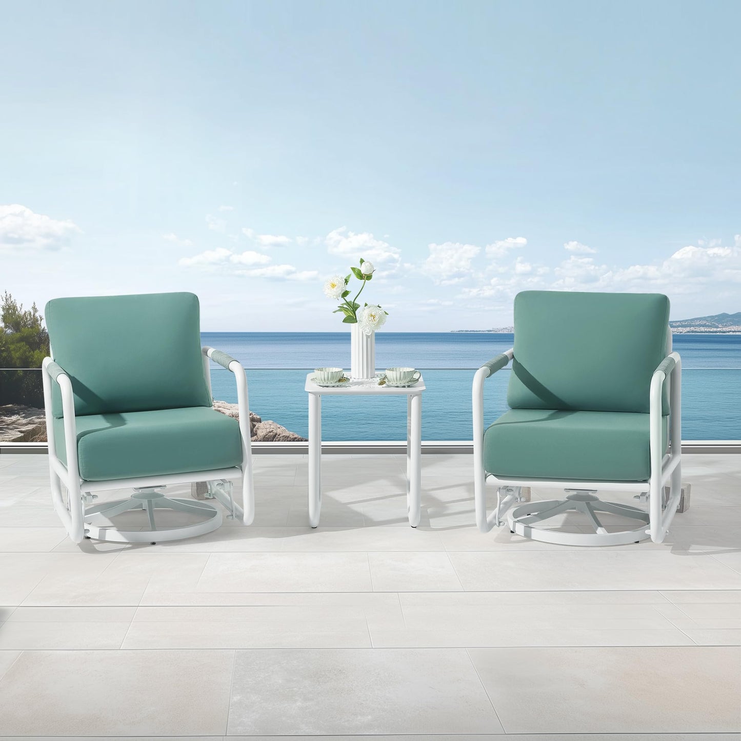MBY 3 Piece Patio Outdoor Aluminum Swivel Rocking Chair with Coffee Table and 6" Thickened Cushions, All Weather Outdoor Furniture Chairs for Garden, Poolside, Deck-White