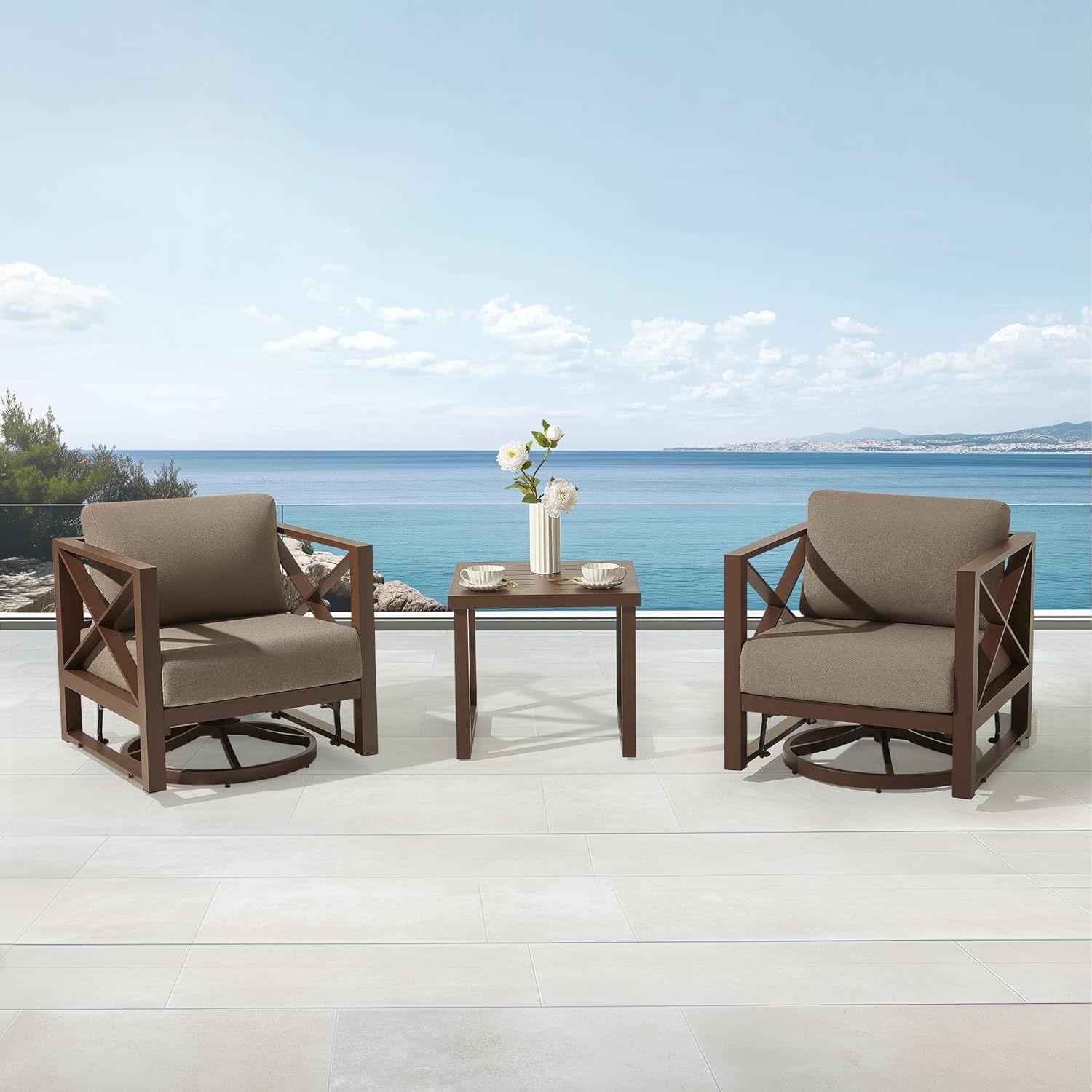 MBY 3 Piece Patio Outdoor Aluminum Swivel Rocking Chair with Coffee Table and 6" Thickened Cushions, All Weather Outdoor Furniture Chairs for Garden, Poolside, Deck-Brown