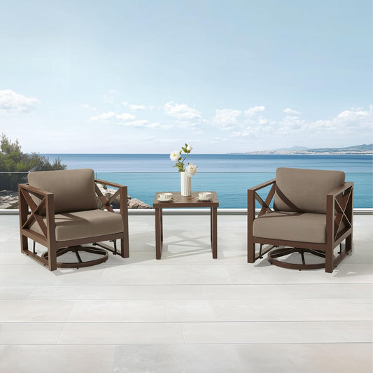 MBY 3 Piece Patio Outdoor Aluminum Swivel Rocking Chair with Coffee Table and 6" Thickened Cushions, All Weather Outdoor Furniture Chairs for Garden, Poolside, Deck-Brown