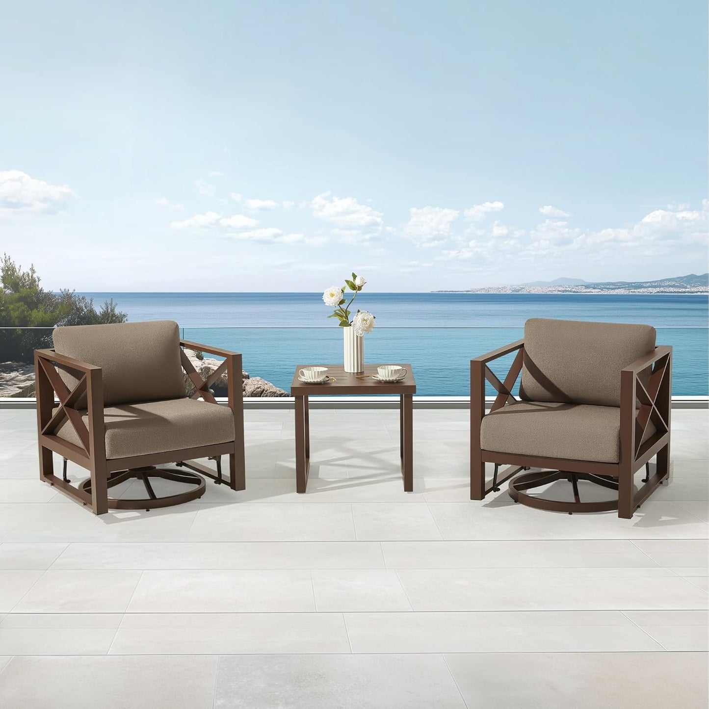 MBY 3 Piece Patio Outdoor Aluminum Swivel Rocking Chair with Coffee Table and 6" Thickened Cushions, All Weather Outdoor Furniture Chairs for Garden, Poolside, Deck-Brown