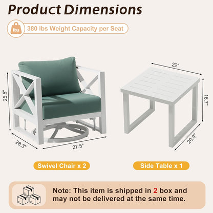 MBY 3 Piece Patio Outdoor Aluminum Swivel Rocking Chair with Coffee Table and 6" Thickened Cushions, All Weather Outdoor Furniture Chairs for Garden, Poolside, Deck-White