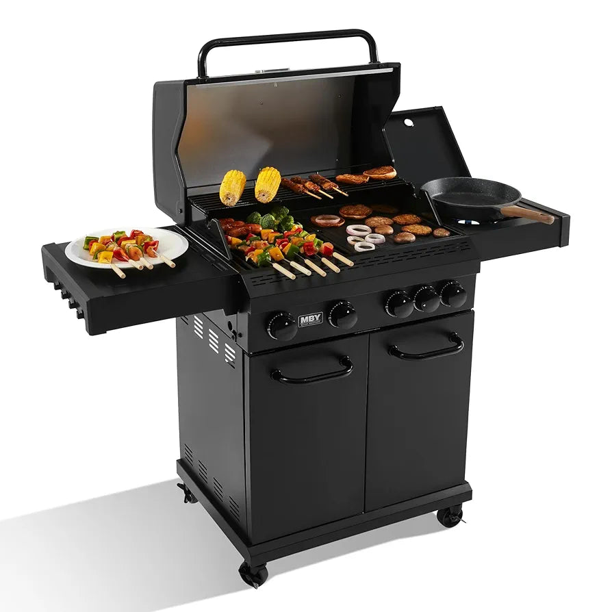 MBY 4-Burner Propane Gas Grill with Side Burner, 50,000 BTU Heavy Duty BBQ Grill, Cast Iron Griddle & Cooking Grates for Outdoor Barbecue