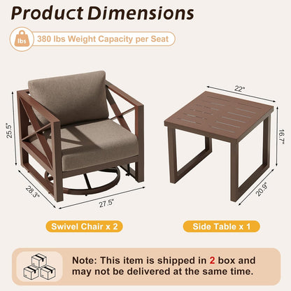 MBY 3 Piece Patio Outdoor Aluminum Swivel Rocking Chair with Coffee Table and 6" Thickened Cushions, All Weather Outdoor Furniture Chairs for Garden, Poolside, Deck-Brown