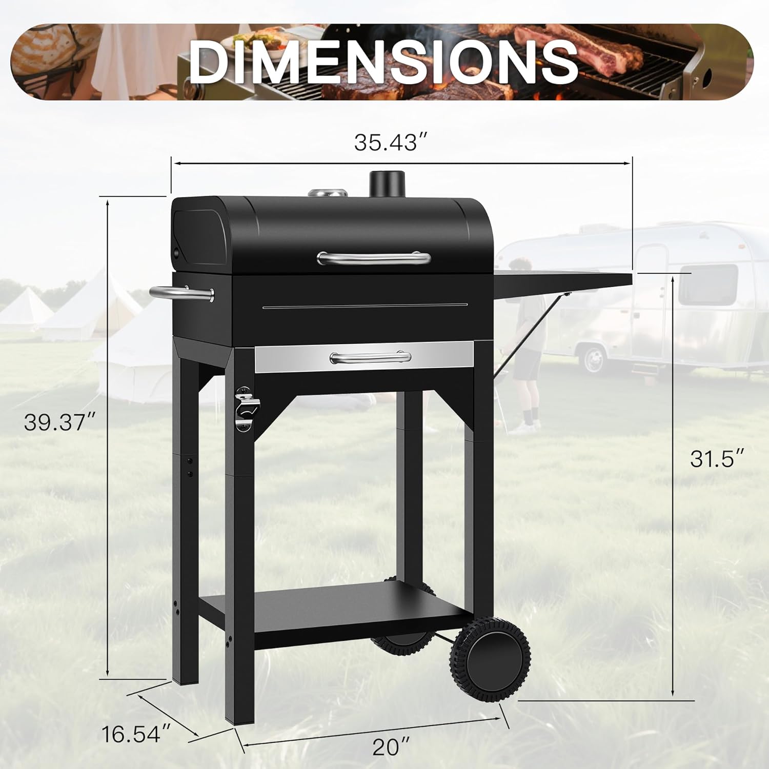 MBY Portable Charcoal Grill and Smoker Combo with Offset Firebox, Side Shelf & Warming Rack, Outdoor BBQ Grill for Camping, Tailgating, Picnic & Backyard BBQ