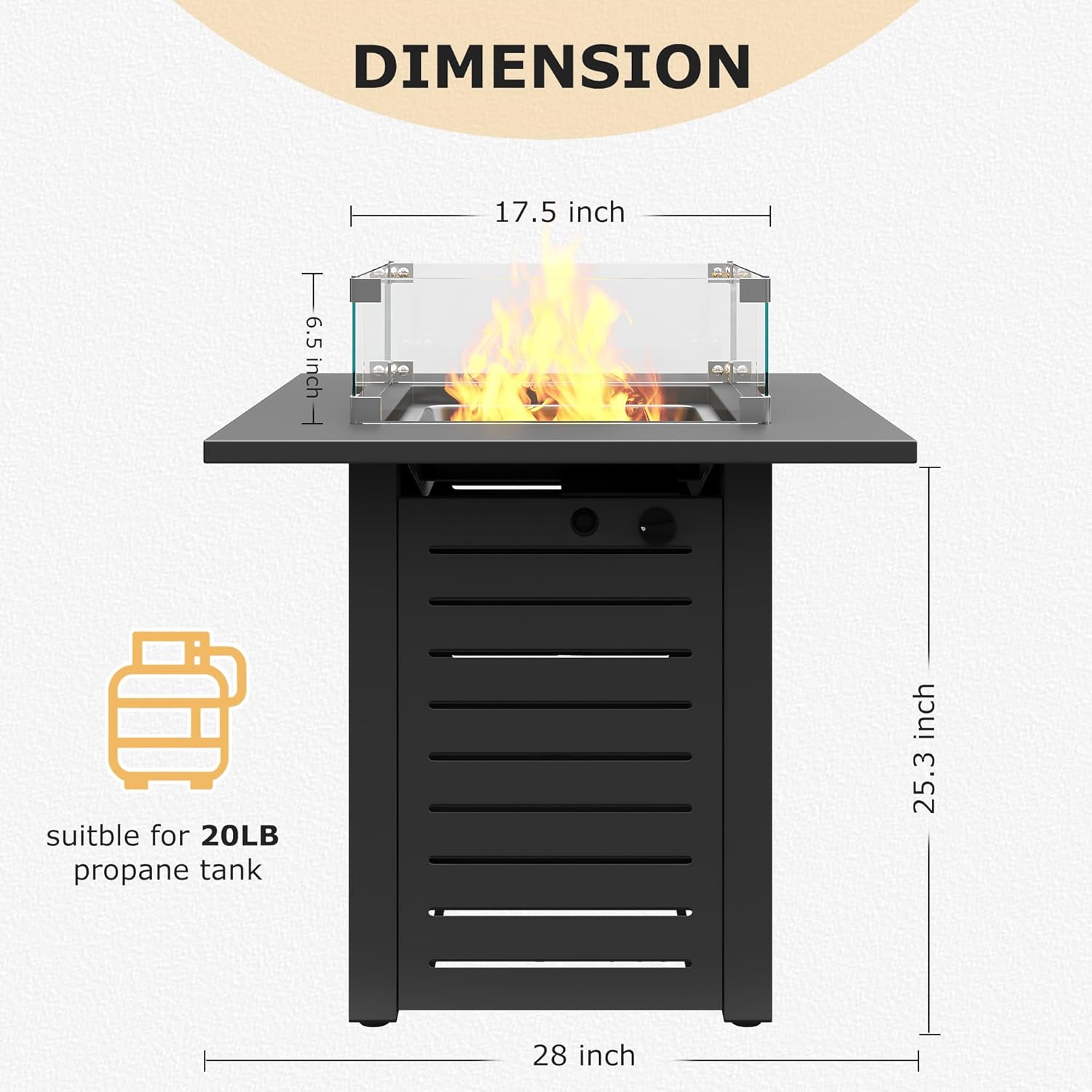 MBY 28'' Propane Fire Pit Table, 50,000 BTU Steel Gas Firepit for Outdoor Patio Deck and Garden, CSA Certified Fire Pit with Lid, Waterproof Cover, Glass Wind Guard and Lava Rock, Black