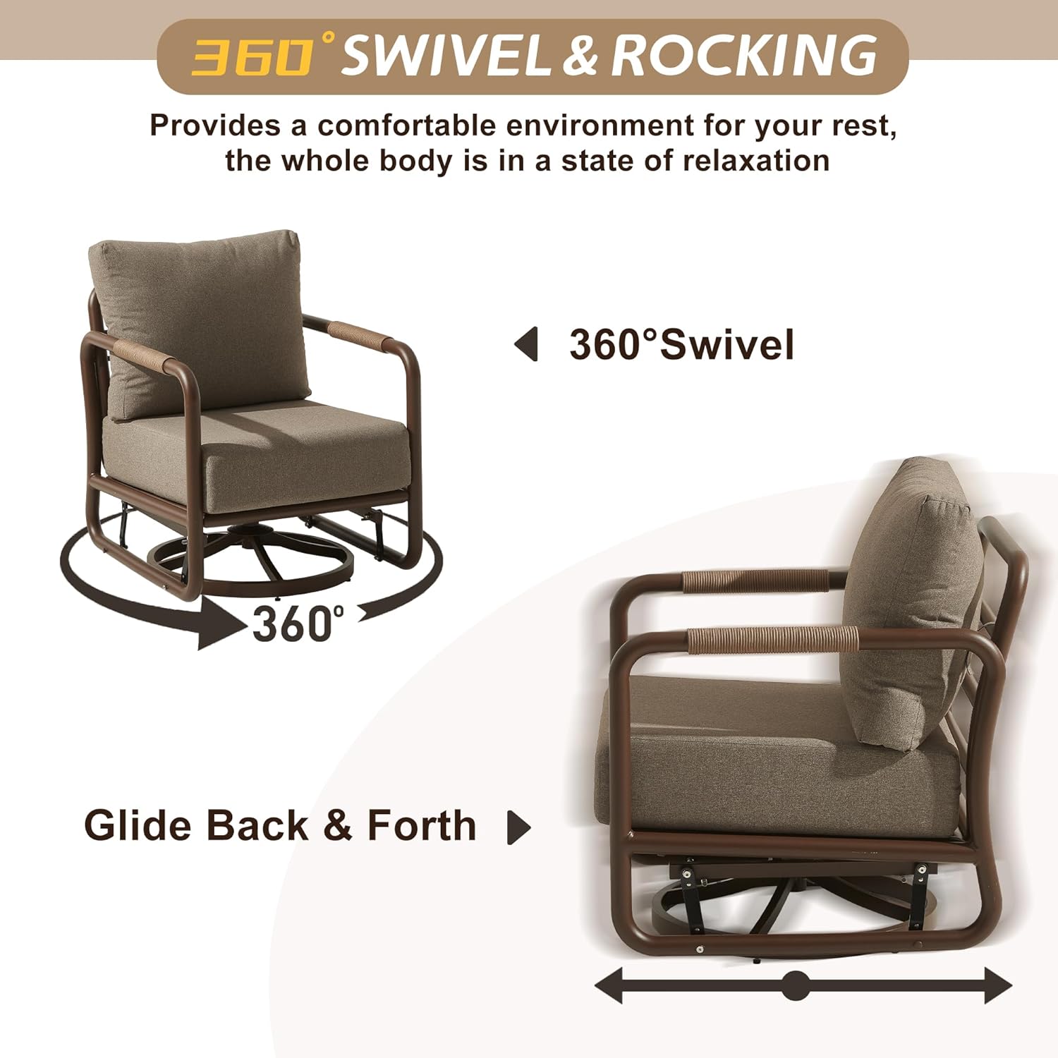 MBY 3 Piece Patio Outdoor Aluminum Swivel Rocking Chair with Coffee Table and 6.7" Thickened Cushions, All Weather Outdoor Furniture Chairs for Garden, Poolside, Deck-Brown