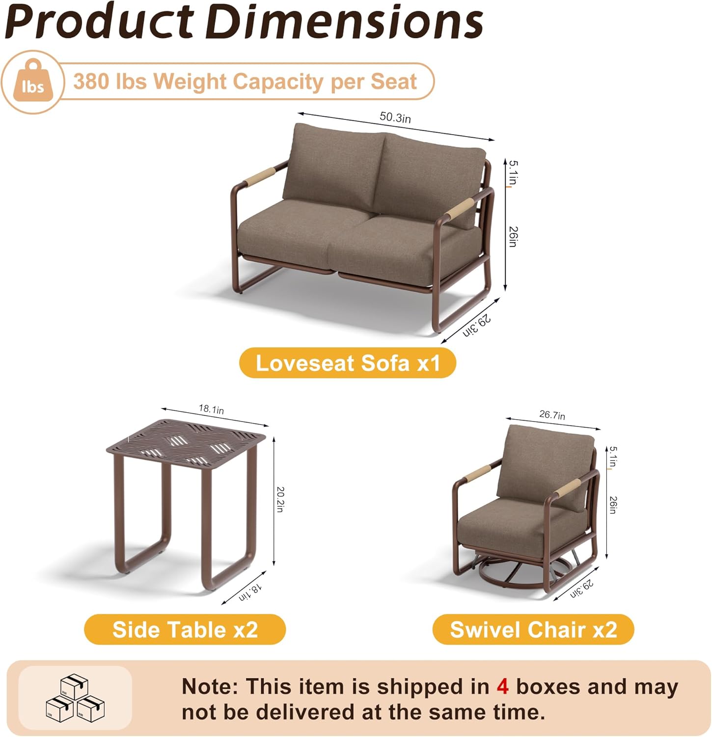 MBY Outdoor Aluminum Patio Furniture Set, 4-Seats Patio Conversation Sofa Set with 2 Coffee Tables and 2 Swivel Rocking Chairs, All Weather for Balcony, Garden-Brown