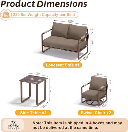MBY Outdoor Aluminum Patio Furniture Set, 4-Seats Patio Conversation Sofa Set with 2 Coffee Tables and 2 Swivel Rocking Chairs, All Weather for Balcony, Garden-Brown