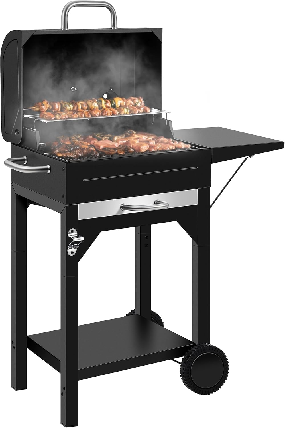 MBY Portable Charcoal Grill and Smoker Combo with Offset Firebox, Side Shelf & Warming Rack, Outdoor BBQ Grill for Camping, Tailgating, Picnic & Backyard BBQ
