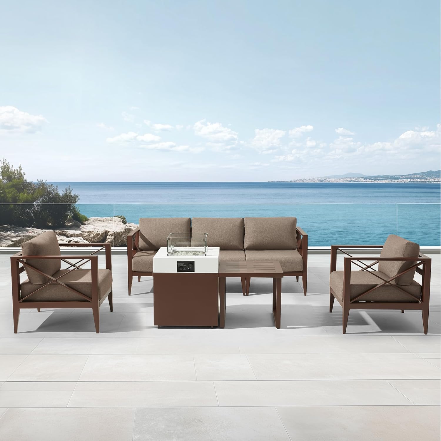 MBY Outdoor Aluminum Patio Furniture Set, 5-Seats Patio Conversation Sofa Set with 37,000 BTU Fire Pit Table w/Glass Wind Guard, All Weather for Pool, Balcony, Garden-Brown
