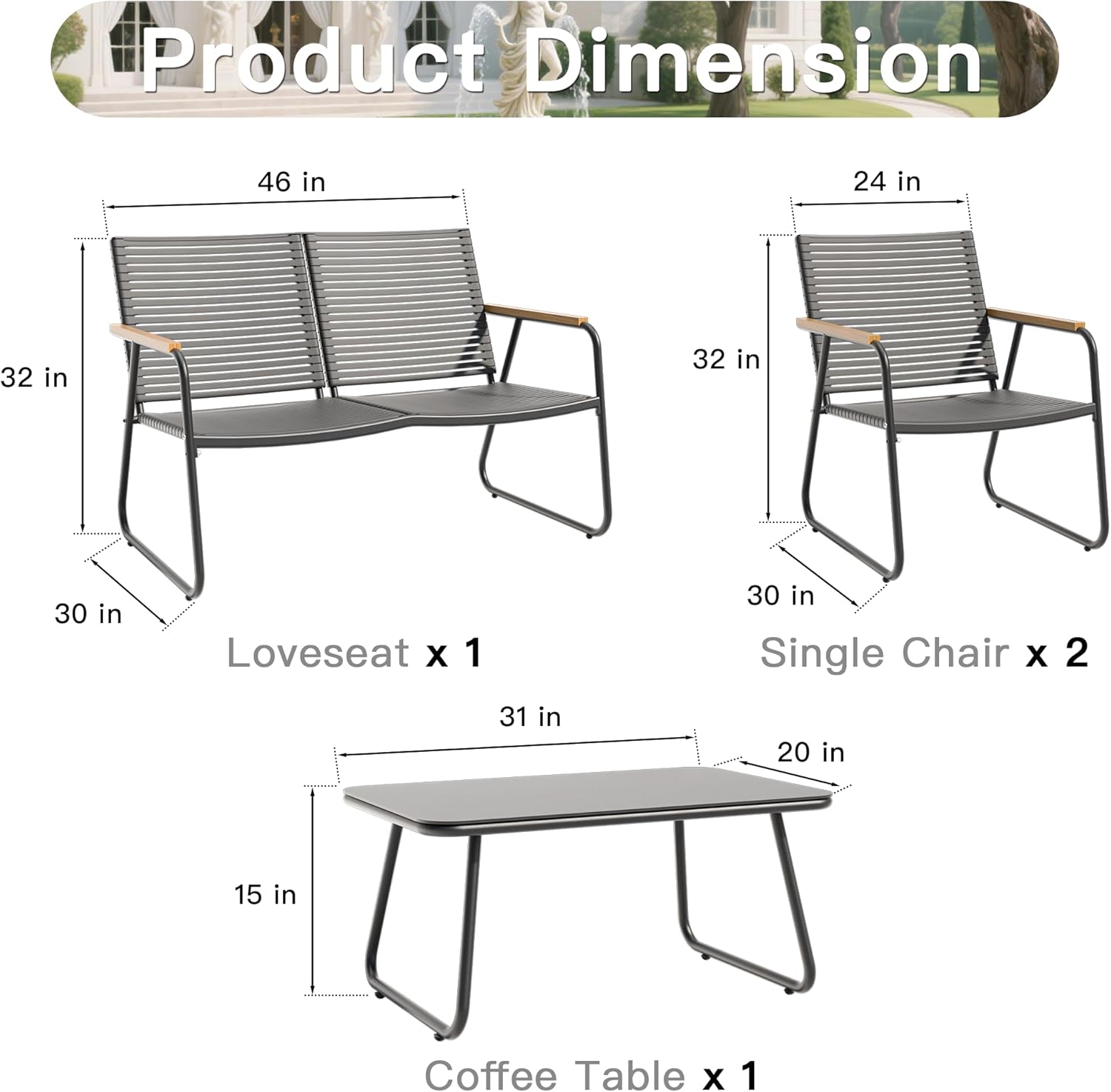 MBY 4-Piece Patio Furniture Set, Compact Outdoor Conversation Set with Loveseat, 2 Chairs and Glass Table, Weather-Resistant for Apartment Patio, Small Spaces, Balcony, Backyard – Black