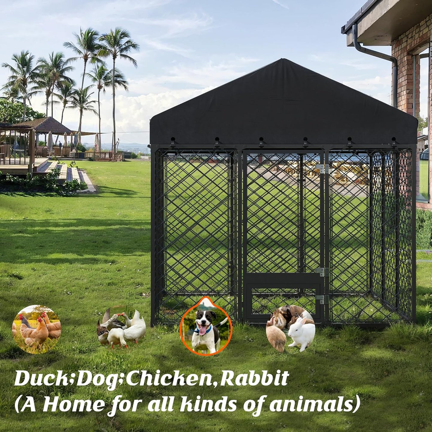 Heavy Duty Outdoor Dog Kennel with Roof – Large Dog Enclosure & Weatherproof Dog House, Secure Metal Fence Playpen with Double Lock & Feeding Swivel Door for Big Dogs