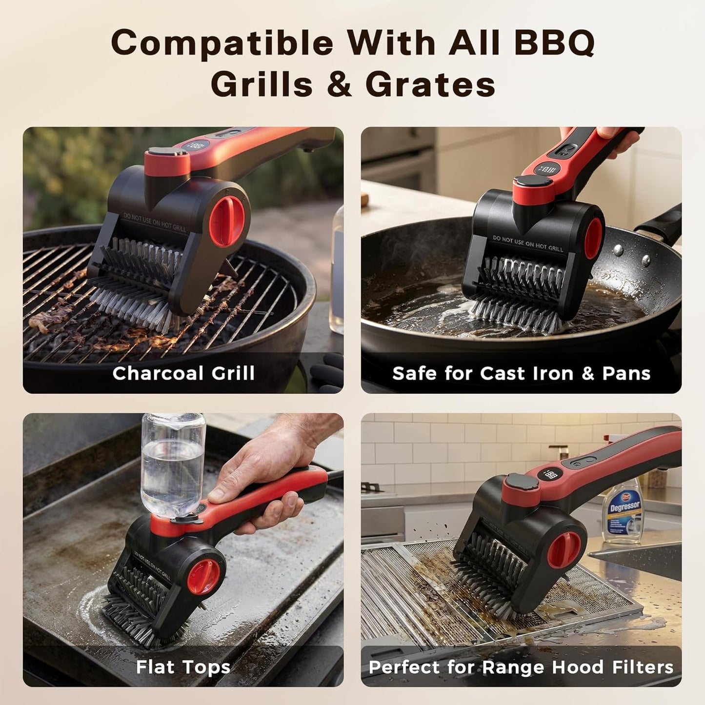Cordless Electric Grill Cleaning Brush with Water Spray, Rechargeable BBQ Grill Scrubber with Dual-Speed Cleaning, Waterproof Design & Built-In Scraper for Gas and Charcoal Grills