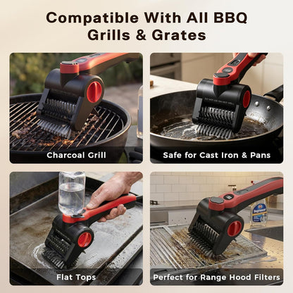 Cordless Electric Grill Cleaning Brush with Water Spray, Rechargeable BBQ Grill Scrubber with Dual-Speed Cleaning, Waterproof Design & Built-In Scraper for Gas and Charcoal Grills