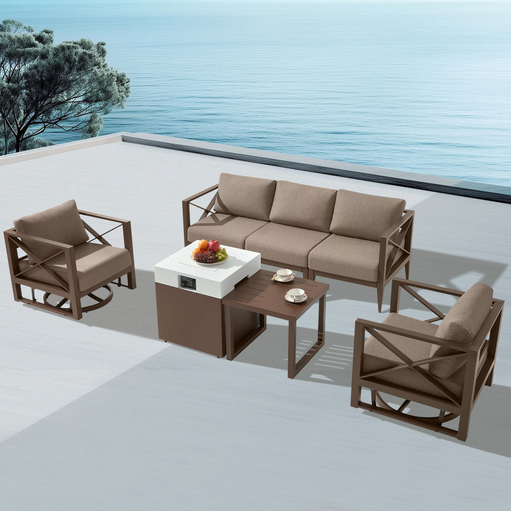 MBY Outdoor Aluminum Patio Furniture Set, 4-Seats Patio Conversation Sofa Set with 1 Corner Sofa and 37,000 BTU Fire Pit Table w/Glass Wind Guard, All Weather for Pool, Garden-Brown