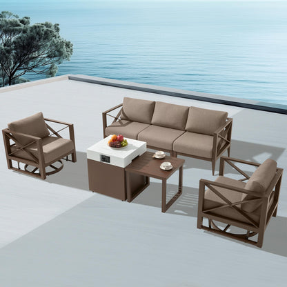 MBY Outdoor Aluminum Patio Furniture Set, 4-Seats Patio Conversation Sofa Set with 1 Corner Sofa and 37,000 BTU Fire Pit Table w/Glass Wind Guard, All Weather for Pool, Garden-Brown