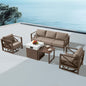 MBY Outdoor Aluminum Patio Furniture Set, 4-Seats Patio Conversation Sofa Set with 1 Corner Sofa and 37,000 BTU Fire Pit Table w/Glass Wind Guard, All Weather for Pool, Garden-Brown