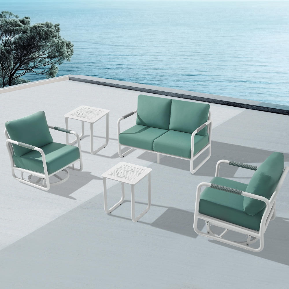 MBY Outdoor Aluminum Patio Furniture Set, 5-Seats Patio Conversation Sofa Set with 2 Swivel Rocking Chairs and 45,000 BTU Fire Pit Table w/Glass Wind Guard, All Weather for Balcony, Garden-White