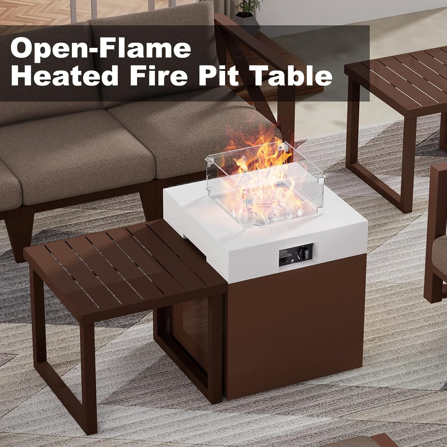 MBY Outdoor Aluminum Patio Furniture Set, 5-Seats Patio Conversation Sofa Set with 37,000 BTU Fire Pit Table w/Glass Wind Guard, All Weather for Pool, Balcony, Garden-Brown
