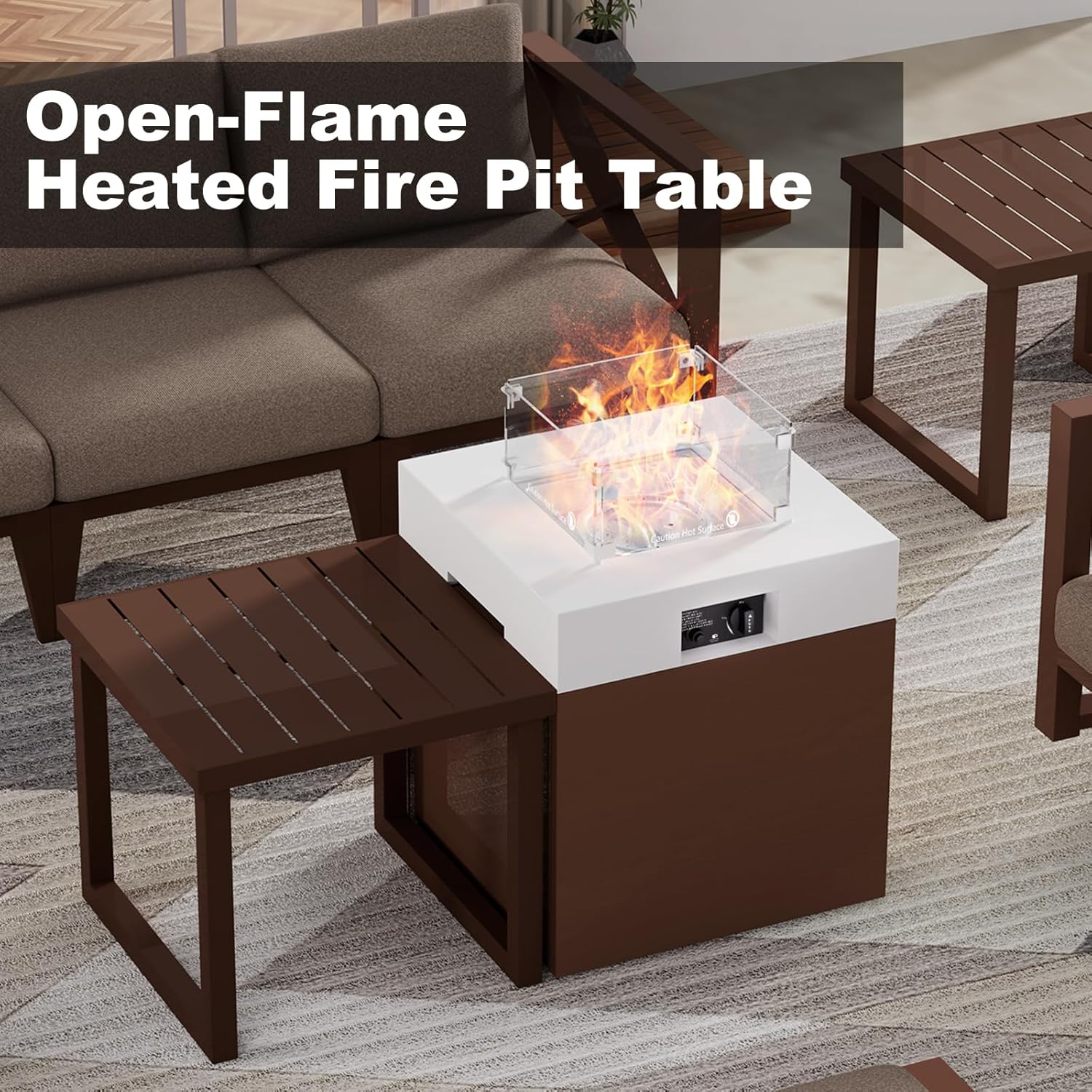 MBY Outdoor Aluminum Patio Furniture Set, 5-Seats Patio Conversation Sofa Set with 37,000 BTU Fire Pit Table w/Glass Wind Guard, All Weather for Pool, Balcony, Garden-Brown