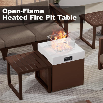 MBY Outdoor Aluminum Patio Furniture Set, 5-Seats Patio Conversation Sofa Set with 37,000 BTU Fire Pit Table w/Glass Wind Guard, All Weather for Pool, Balcony, Garden-Brown