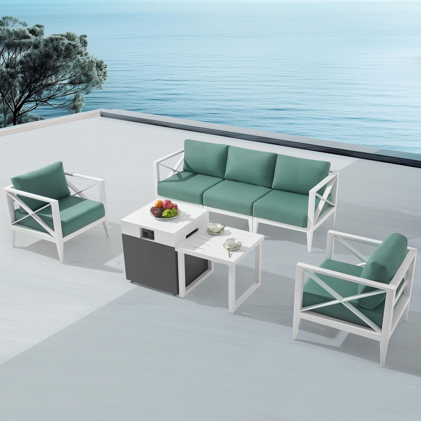 MBY Outdoor Aluminum Patio Furniture Set, 5-Seats Patio Conversation Sofa Set with 37,000 BTU Fire Pit Table w/Glass Wind Guard, All Weather for Pool, Balcony, Garden-Brown