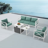 MBY Outdoor Aluminum Patio Furniture Set, 4-Seats Patio Conversation Sofa Set with 1 Corner Sofa and 37,000 BTU Fire Pit Table w/Glass Wind Guard, All Weather for Pool, Garden-Brown