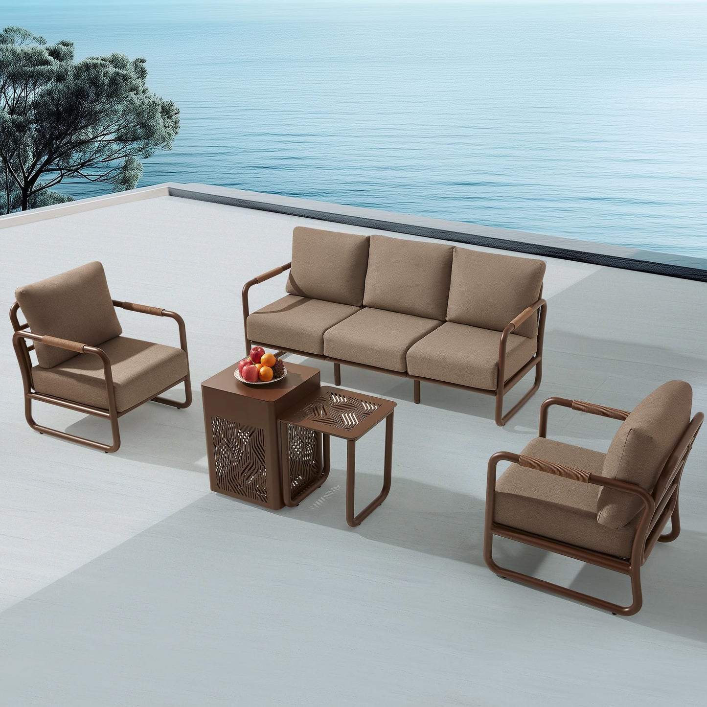 MBY Outdoor Aluminum Patio Furniture Set, 4-Seats Patio Conversation Sofa Set with 2 Coffee Tables and 2 Swivel Rocking Chairs, All Weather for Balcony, Garden-Brown