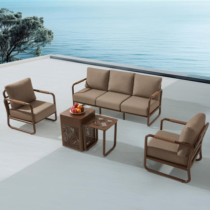 MBY Outdoor Aluminum Patio Furniture Set, 4-Seats Patio Conversation Sofa Set with 2 Coffee Tables and 2 Swivel Rocking Chairs, All Weather for Balcony, Garden-Brown
