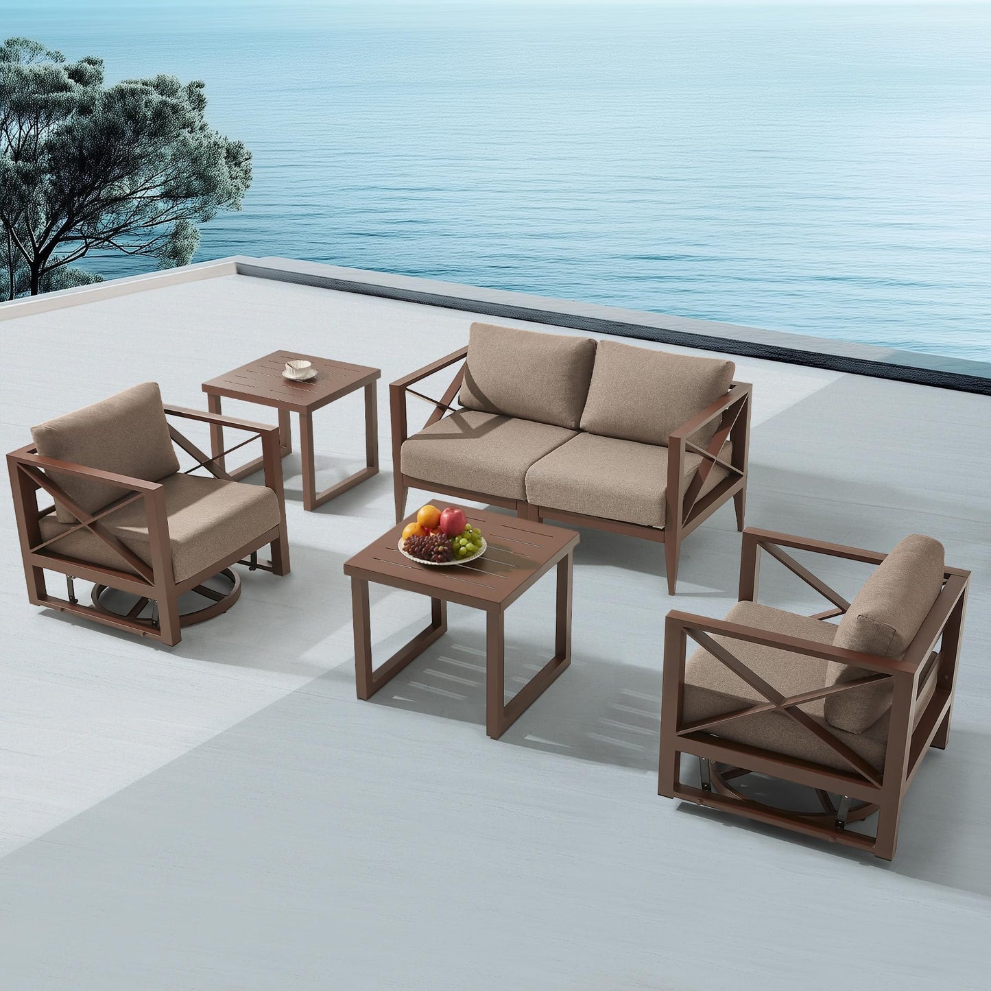 MBY Outdoor Aluminum Patio Furniture Set, 5-Seats Patio Conversation Sofa Set with 37,000 BTU Fire Pit Table w/Glass Wind Guard, All Weather for Pool, Balcony, Garden-Brown