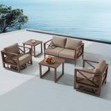 MBY Outdoor Aluminum Patio Furniture Set, 4-Seats Patio Conversation Sofa Set with 1 Corner Sofa and 37,000 BTU Fire Pit Table w/Glass Wind Guard, All Weather for Pool, Garden-Brown