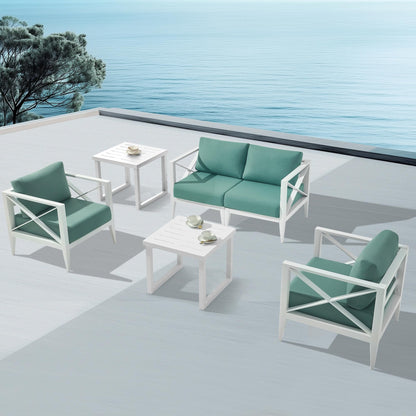 MBY Outdoor Aluminum Patio Furniture Set, 5-Seats Patio Conversation Sofa Set with 37,000 BTU Fire Pit Table w/Glass Wind Guard, All Weather for Pool, Balcony, Garden-Brown