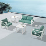 MBY Outdoor Aluminum Patio Furniture Set, 4-Seats Patio Conversation Sofa Set with 1 Corner Sofa and 37,000 BTU Fire Pit Table w/Glass Wind Guard, All Weather for Pool, Garden-Brown