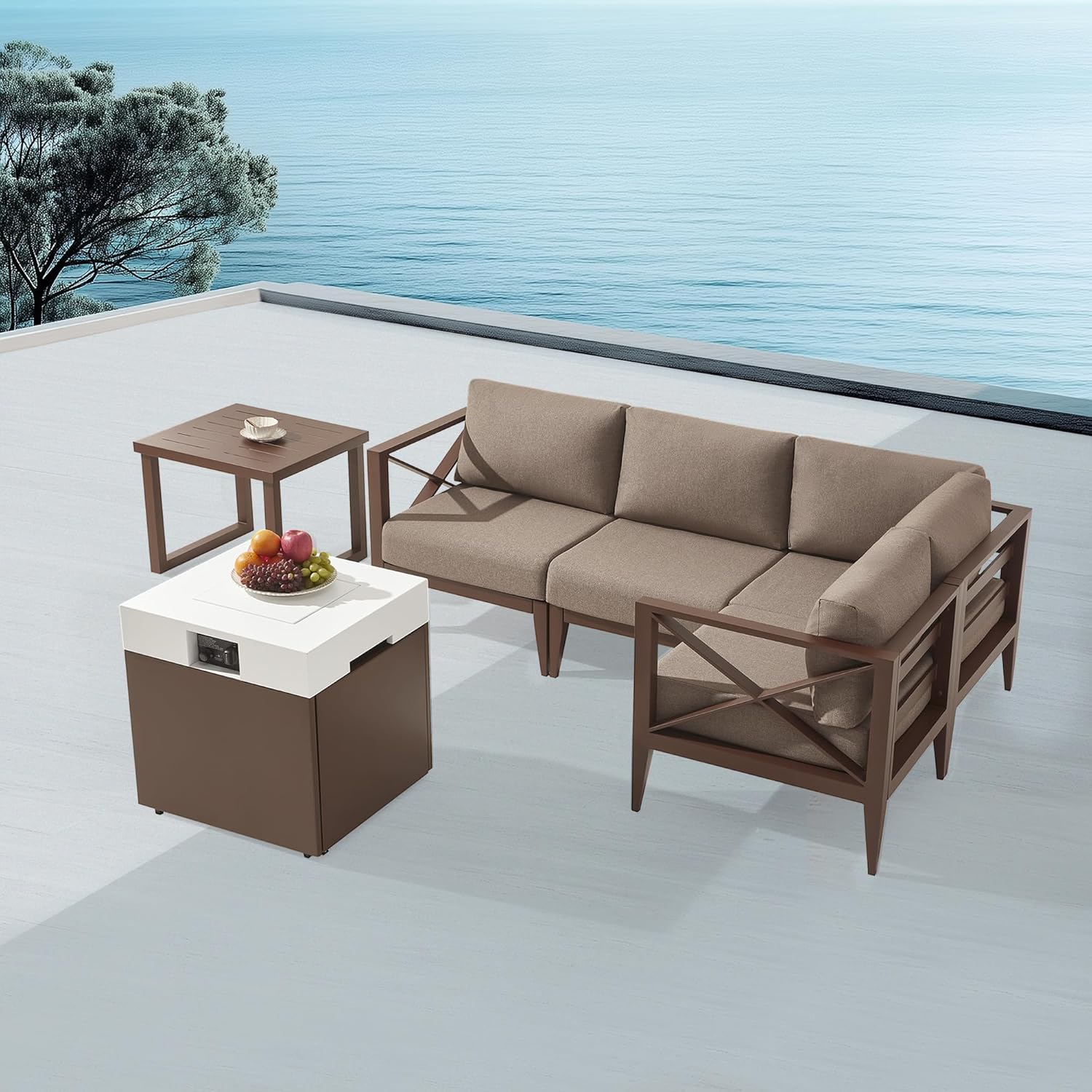 MBY Outdoor Aluminum Patio Furniture Set, 4-Seats Patio Conversation Sofa Set with 1 Corner Sofa and 37,000 BTU Fire Pit Table w/Glass Wind Guard, All Weather for Pool, Garden-Brown