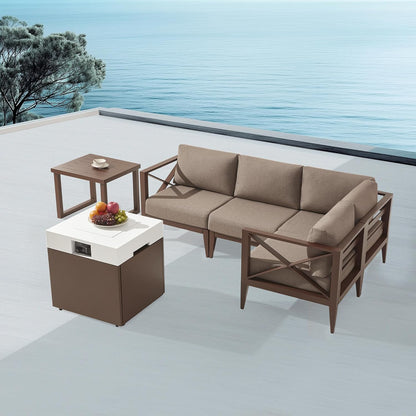 MBY Outdoor Aluminum Patio Furniture Set, 4-Seats Patio Conversation Sofa Set with 1 Corner Sofa and 37,000 BTU Fire Pit Table w/Glass Wind Guard, All Weather for Pool, Garden-Brown