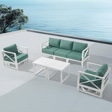 MBY Outdoor Aluminum Patio Furniture Set, 4-Seats Patio Conversation Sofa Set with 1 Corner Sofa and 37,000 BTU Fire Pit Table w/Glass Wind Guard, All Weather for Pool, Garden-Brown
