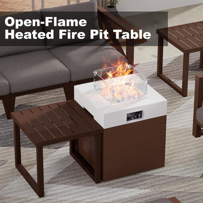 MBY 22" Aluminum Fire Pit Table, 37,000 BTU Gas Firepit for Outdoor Patio Deck and Garden, CSA Certified Fire Pit with Lid, Waterproof Cover, Glass Wind Guard and Glass Stone, Brown