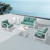 MBY Outdoor Aluminum Patio Furniture Set, 4-Seats Patio Conversation Sofa Set with 1 Corner Sofa and 37,000 BTU Fire Pit Table w/Glass Wind Guard, All Weather for Pool, Garden-Brown