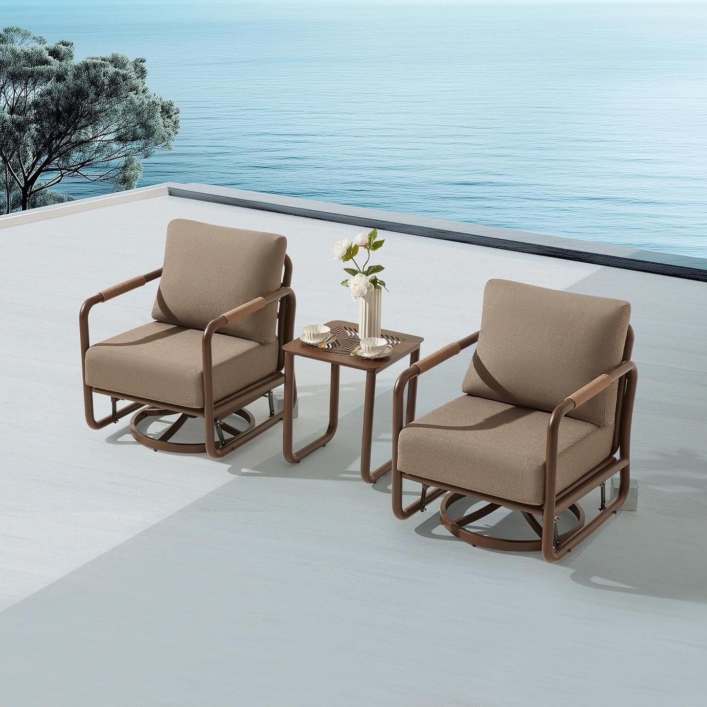 MBY 3 Piece Patio Outdoor Aluminum Swivel Rocking Chair with Coffee Table and 6.7" Thickened Cushions, All Weather Outdoor Furniture Chairs for Garden, Poolside, Deck-Brown