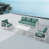 MBY Outdoor Aluminum Patio Furniture Set, 4-Seats Patio Conversation Sofa Set with 1 Corner Sofa and 37,000 BTU Fire Pit Table w/Glass Wind Guard, All Weather for Pool, Garden-Brown