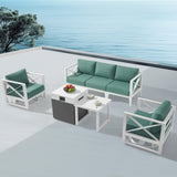 MBY Outdoor Aluminum Patio Furniture Set, 4-Seats Patio Conversation Sofa Set with 1 Corner Sofa and 37,000 BTU Fire Pit Table w/Glass Wind Guard, All Weather for Pool, Garden-Brown