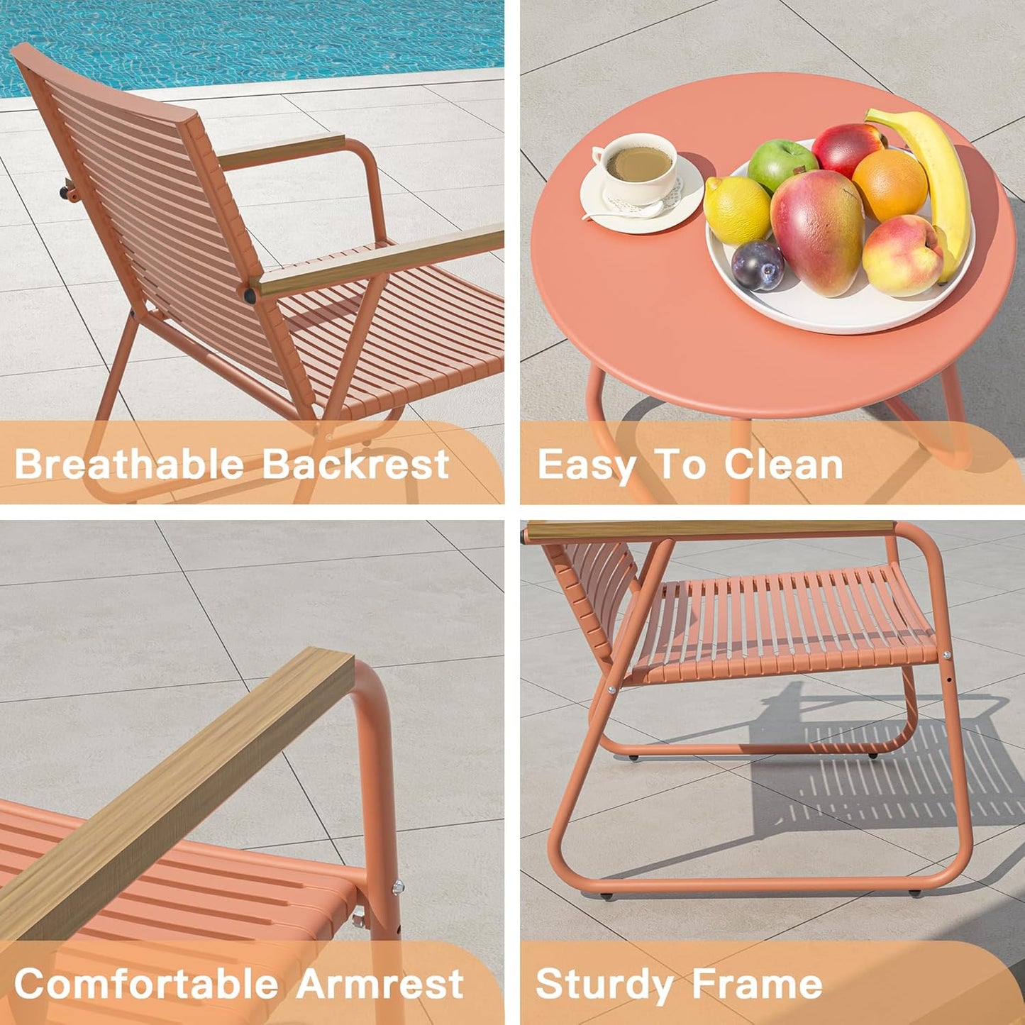MBY 3-Piece Patio Furniture Set, Compact Outdoor Conversation Set with 2 Chairs and Glass Table, Weather-Resistant for Apartment Patio, Small Spaces, Balcony, Backyard – Orange