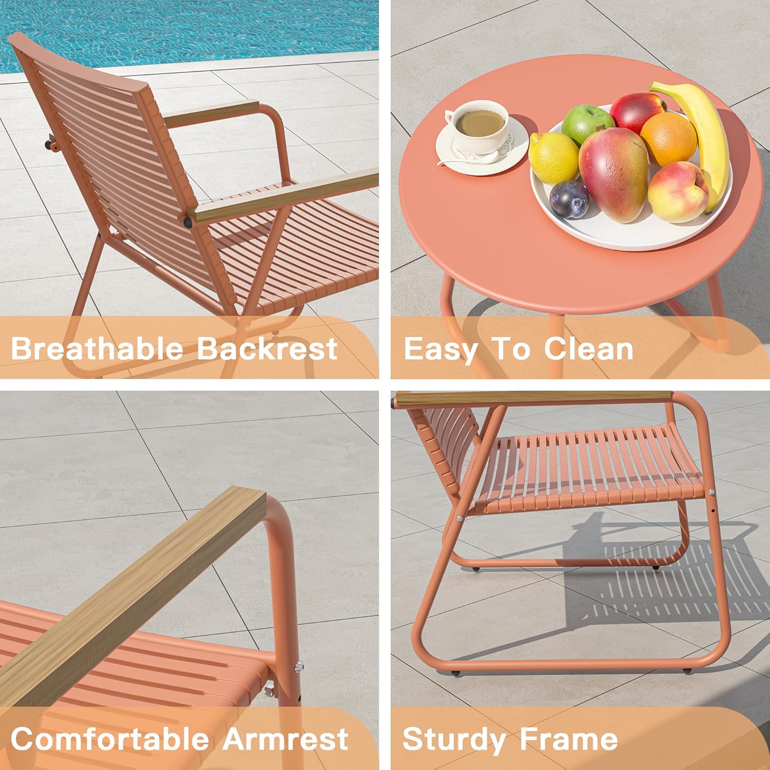 MBY 3-Piece Patio Furniture Set, Compact Outdoor Conversation Set with 2 Chairs and Glass Table, Weather-Resistant for Apartment Patio, Small Spaces, Balcony, Backyard – Orange