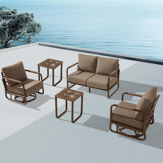 MBY Outdoor Aluminum Patio Furniture Set, 4-Seats Patio Conversation Sofa Set with 2 Coffee Tables and 2 Swivel Rocking Chairs, All Weather for Balcony, Garden-Brown