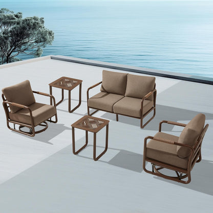 MBY Outdoor Aluminum Patio Furniture Set, 4-Seats Patio Conversation Sofa Set with 2 Coffee Tables and 2 Swivel Rocking Chairs, All Weather for Balcony, Garden-Brown