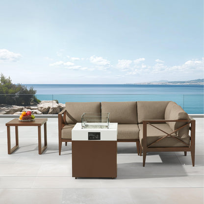 MBY Outdoor Aluminum Patio Furniture Set, 5-Seats Patio Conversation Sofa Set with 37,000 BTU Fire Pit Table w/Glass Wind Guard, All Weather for Pool, Balcony, Garden-Brown