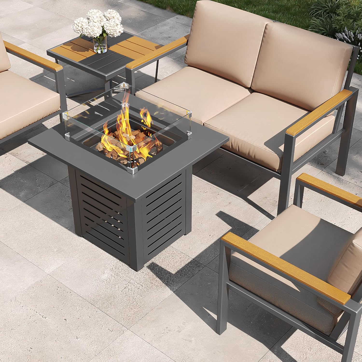 MBY 28'' Propane Fire Pit Table, 50,000 BTU Steel Gas Firepit for Outdoor Patio Deck and Garden, CSA Certified Fire Pit with Lid, Waterproof Cover, Glass Wind Guard and Lava Rock, Black
