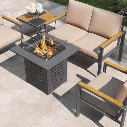 MBY 28'' Propane Fire Pit Table, 50,000 BTU Steel Gas Firepit for Outdoor Patio Deck and Garden, CSA Certified Fire Pit with Lid, Waterproof Cover, Glass Wind Guard and Lava Rock, Black